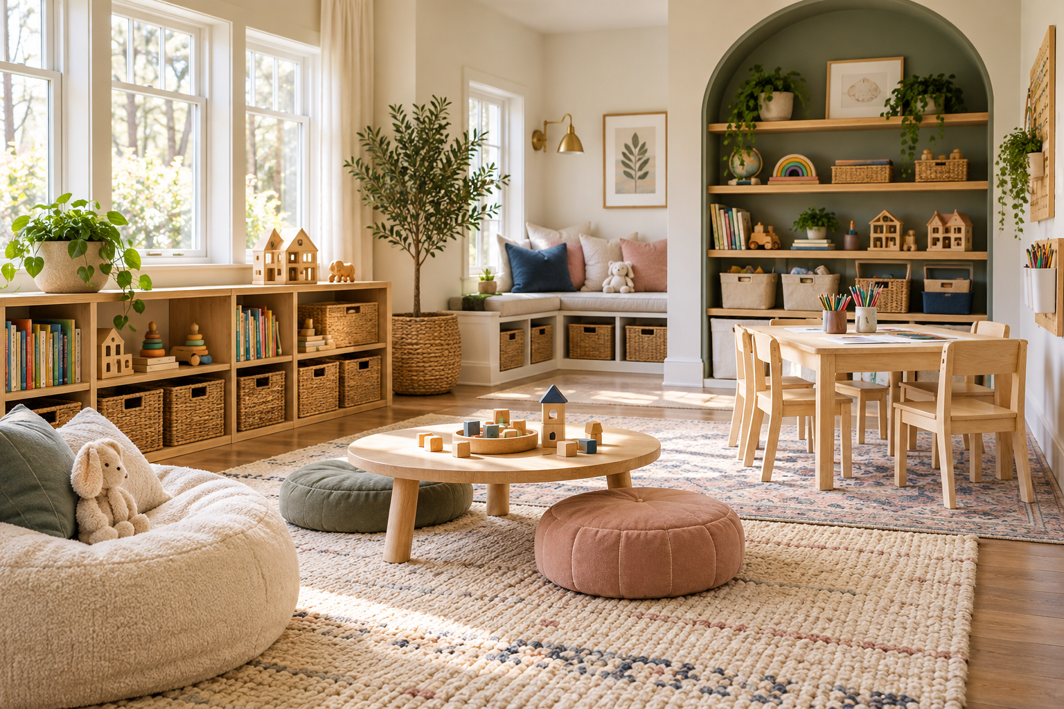 Organized playroom with distinct activity zones